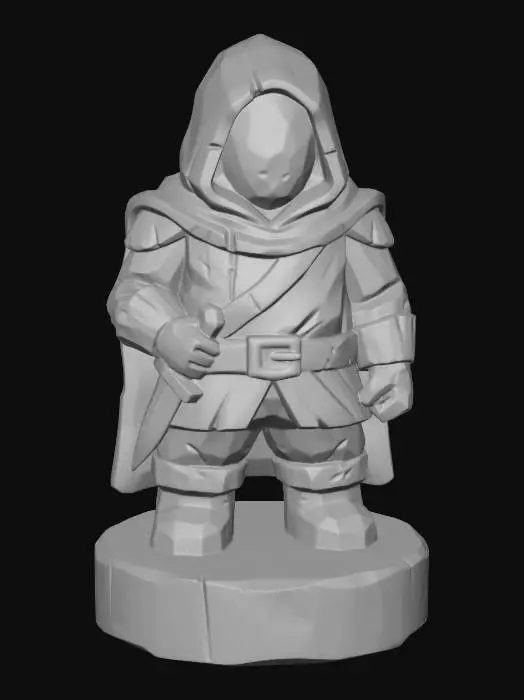 3D model for A 3D image of a simple wooden carved rogue shape, chunky, roughly carved, standing on a round base.  Thick and bold details.  Deeply etched and embossed details. Solid colored background.