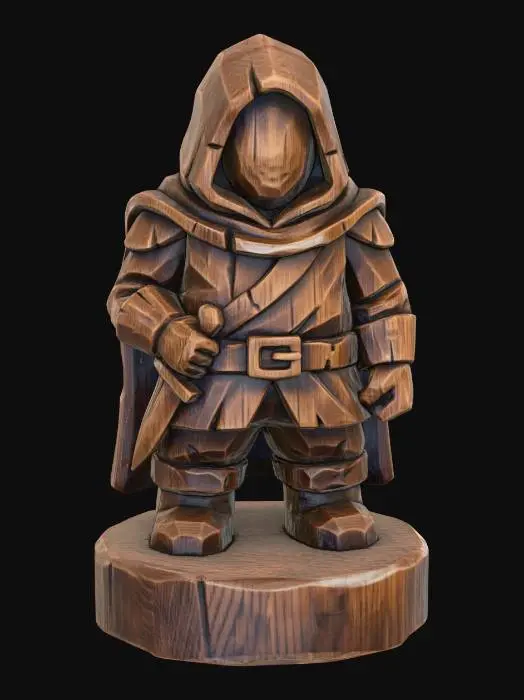 3D model for A 3D image of a simple wooden carved rogue shape, chunky, roughly carved, standing on a round base.  Thick and bold details.  Deeply etched and embossed details. Solid colored background.