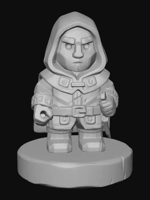 3D model for A 3D image of a simple wooden carved rogue shape, chunky, roughly carved, standing on a round base.  Thick and bold details.  Deeply etched and embossed details. Solid colored background.