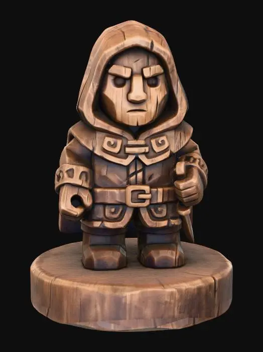 3D model for A 3D image of a simple wooden carved rogue shape, chunky, roughly carved, standing on a round base.  Thick and bold details.  Deeply etched and embossed details. Solid colored background.