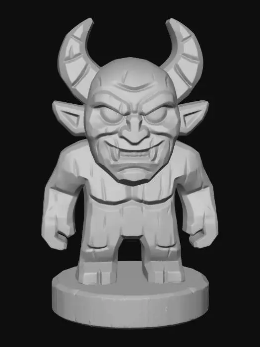 3D model for A 3D image of a simple wooden carved demon shape, chunky, roughly carved, standing on a round base.  Thick and bold details.  Deeply etched and embossed details. Solid colored background.