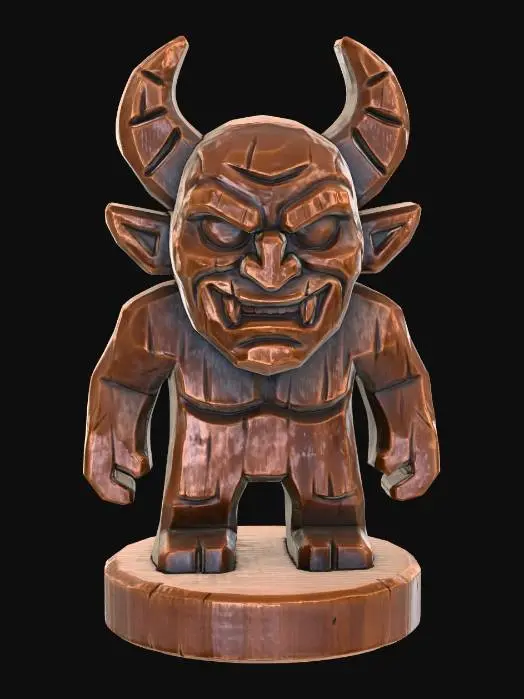 3D model for A 3D image of a simple wooden carved demon shape, chunky, roughly carved, standing on a round base.  Thick and bold details.  Deeply etched and embossed details. Solid colored background.