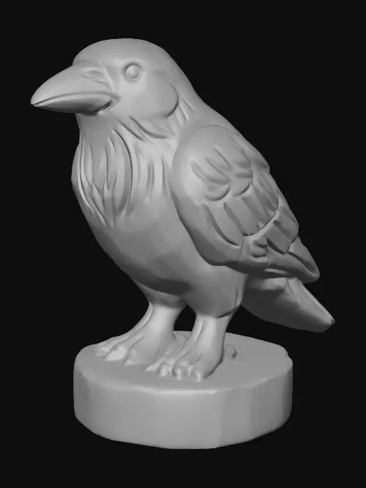 3D model for A 3D image of a simple wooden carved crow shape, chunky, roughly carved, standing on a round base.  Thick and bold details.  Deeply etched and embossed details. Solid colored background.