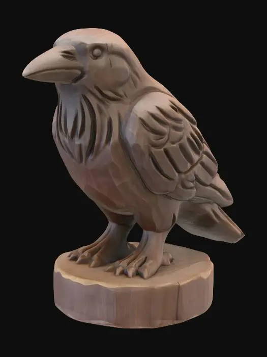 3D model for A 3D image of a simple wooden carved crow shape, chunky, roughly carved, standing on a round base.  Thick and bold details.  Deeply etched and embossed details. Solid colored background.
