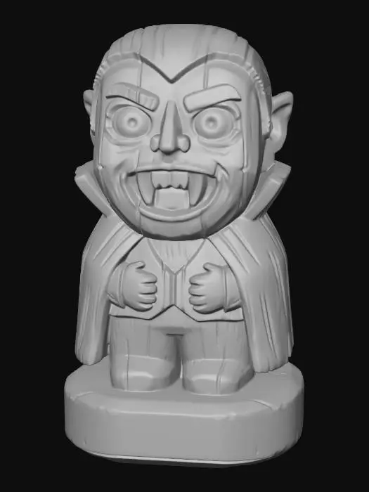 3D model for A 3D image of a simple wooden carved vampire shape, chunky, roughly carved, standing on a round base.  Thick and bold details.  Deeply etched and embossed details. Solid colored background.