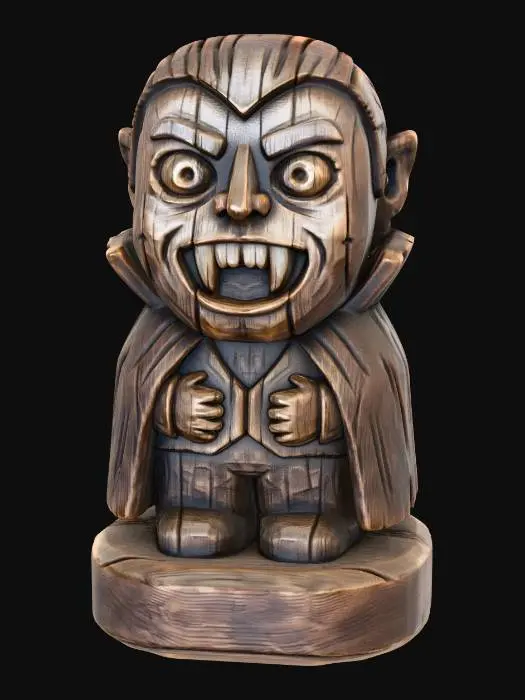 3D model for A 3D image of a simple wooden carved vampire shape, chunky, roughly carved, standing on a round base.  Thick and bold details.  Deeply etched and embossed details. Solid colored background.