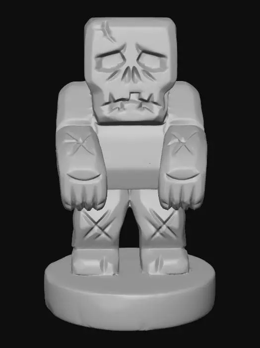 3D model for A 3D image of a simple wooden carved zombie shape, chunky, roughly carved, standing on a round base.  Thick and bold details.  Deeply etched and embossed details. Solid colored background.