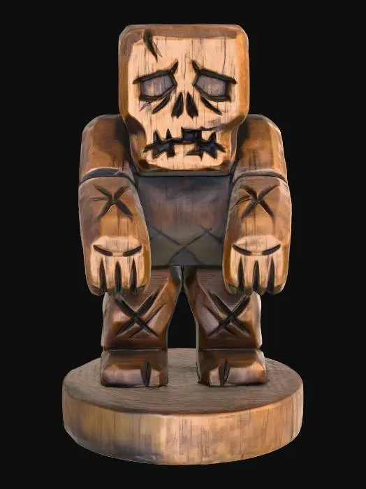 3D model for A 3D image of a simple wooden carved zombie shape, chunky, roughly carved, standing on a round base.  Thick and bold details.  Deeply etched and embossed details. Solid colored background.