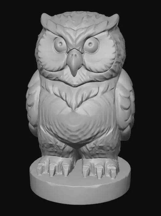 3D model for A 3D image of a simple wooden carved owlbear shape, chunky, roughly carved, standing on a round base.  Thick and bold details.  Deeply etched and embossed details. Solid colored background.