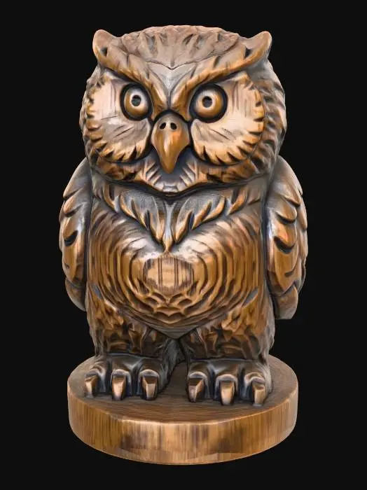 3D model for A 3D image of a simple wooden carved owlbear shape, chunky, roughly carved, standing on a round base.  Thick and bold details.  Deeply etched and embossed details. Solid colored background.