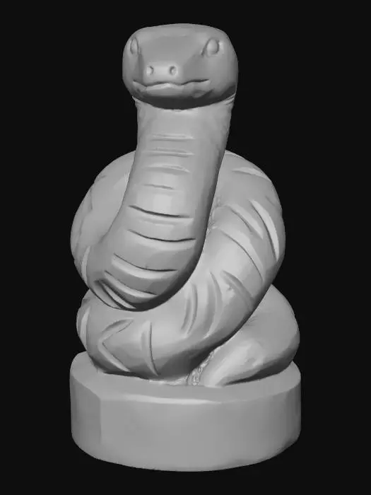 3D model for A 3D image of a simple wooden carved snake shape, chunky, roughly carved, standing on a round base.  Thick and bold details.  Deeply etched and embossed details. Solid colored background.