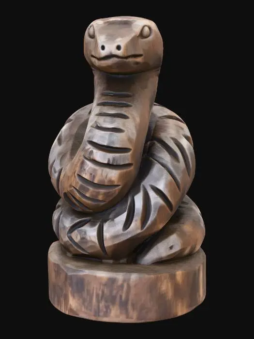 3D model for A 3D image of a simple wooden carved snake shape, chunky, roughly carved, standing on a round base.  Thick and bold details.  Deeply etched and embossed details. Solid colored background.