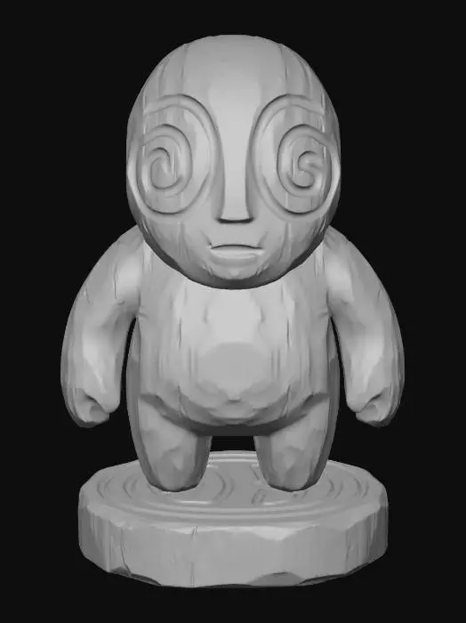 3D model for A 3D image of a simple wooden carved Japanese spirit shape, chunky, roughly carved, standing on a round base. Thick and bold details. Deeply etched and embossed details. Solid colored background.