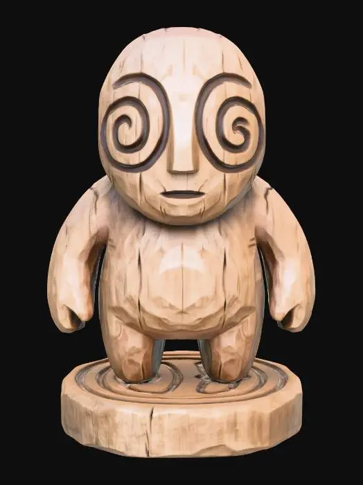 3D model for A 3D image of a simple wooden carved Japanese spirit shape, chunky, roughly carved, standing on a round base. Thick and bold details. Deeply etched and embossed details. Solid colored background.