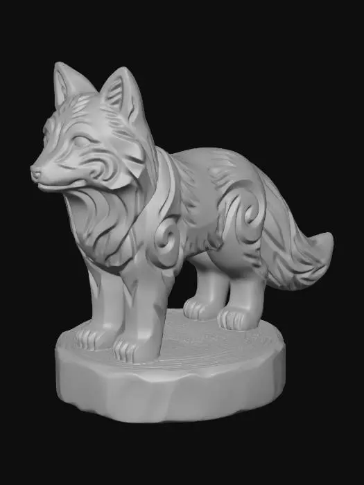 3D model for A 3D image of a simple wooden carved fox shape, chunky, roughly carved, standing on a round base. Thick and bold details. Deeply etched and embossed details. Solid colored background.