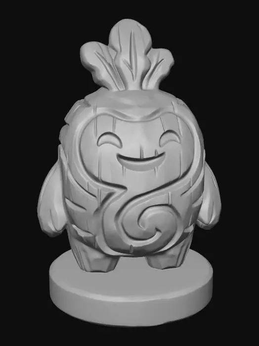 3D model for A 3D image of a simple wooden carved Japanese turnip spirit shape, chunky, roughly carved, standing on a round base. Thick and bold details. Deeply etched and embossed details. Solid colored background.