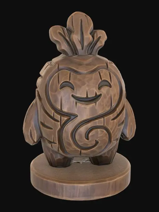 3D model for A 3D image of a simple wooden carved Japanese turnip spirit shape, chunky, roughly carved, standing on a round base. Thick and bold details. Deeply etched and embossed details. Solid colored background.