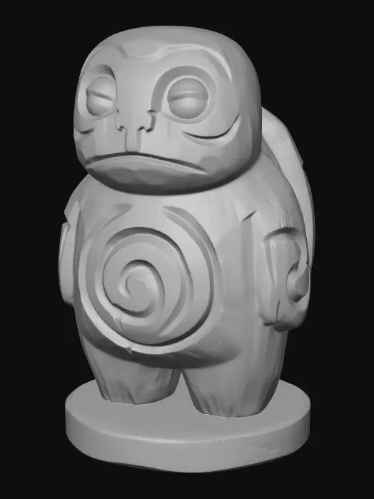 3D model for A 3D image of a simple wooden carved Japanese turnip spirit shape, chunky, roughly carved, standing on a round base. Thick and bold details. Deeply etched and embossed details. Solid colored background.