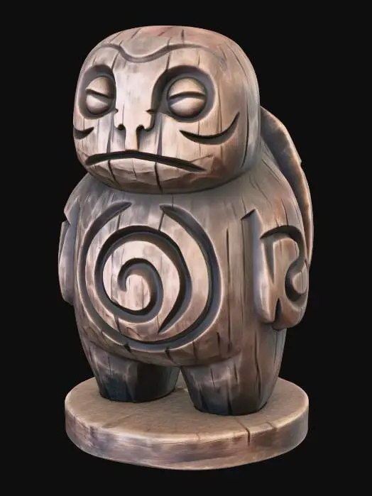 3D model for A 3D image of a simple wooden carved Japanese turnip spirit shape, chunky, roughly carved, standing on a round base. Thick and bold details. Deeply etched and embossed details. Solid colored background.