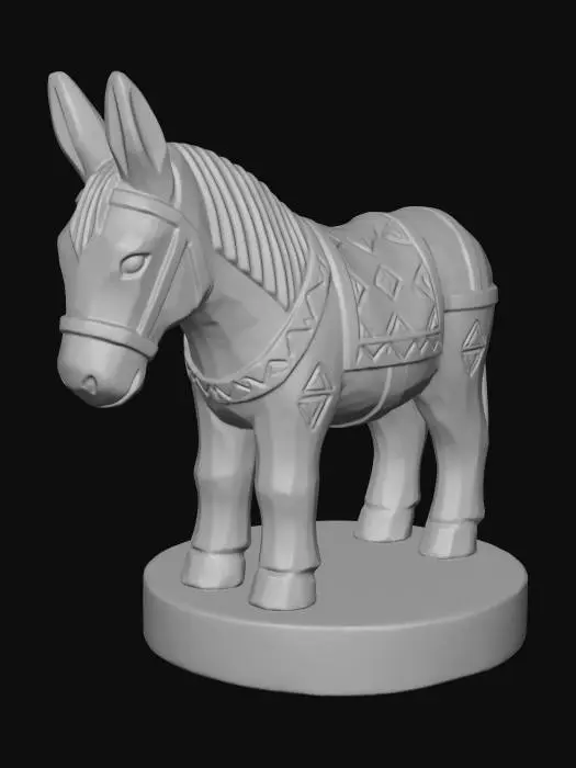3D model for A 3D image of a simple wooden carved mule shape, chunky, roughly carved, standing on a round base. Thick and bold details. Deeply etched and embossed details. Solid colored background.
