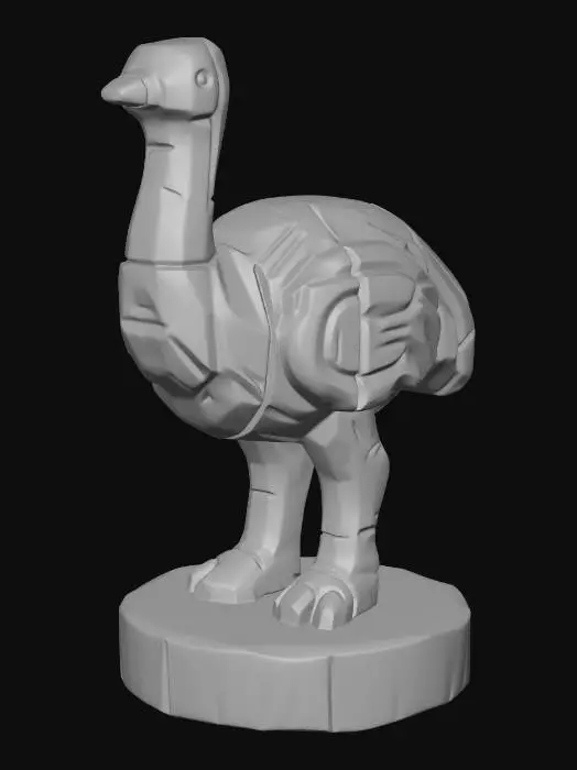 3D model for A 3D image of a simple wooden carved ostrich shape, chunky, roughly carved, standing on a round base. Thick and bold details. Deeply etched and embossed details. Solid colored background.