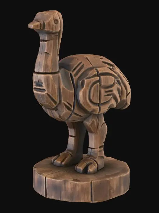 3D model for A 3D image of a simple wooden carved ostrich shape, chunky, roughly carved, standing on a round base. Thick and bold details. Deeply etched and embossed details. Solid colored background.