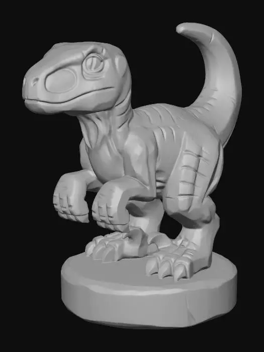 3D model for A 3D image of a simple wooden carved velociraptor shape, chunky, roughly carved, standing on a round base.  Thick and bold details.  Deeply etched and embossed details. Solid colored background.