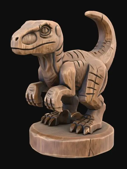 3D model for A 3D image of a simple wooden carved velociraptor shape, chunky, roughly carved, standing on a round base.  Thick and bold details.  Deeply etched and embossed details. Solid colored background.