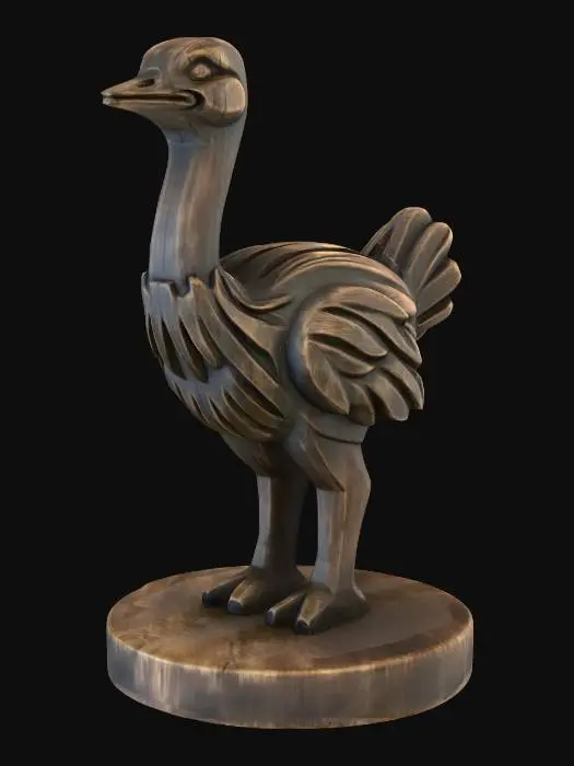 3D model for A 3D image of a simple wooden carved ostrich shape, chunky, roughly carved, standing on a round base.  Thick and bold details.  Deeply etched and embossed details. Solid colored background.