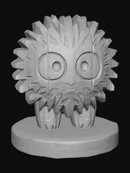 3D model for A 3D image of a simple wooden carved soot sprite shape, chunky, roughly carved, standing on a round base.  Thick and bold details.  Deeply etched and embossed details. Solid colored background.