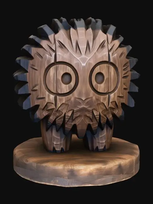 3D model for A 3D image of a simple wooden carved soot sprite shape, chunky, roughly carved, standing on a round base.  Thick and bold details.  Deeply etched and embossed details. Solid colored background.