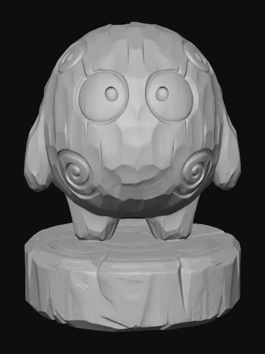 3D model for A 3D image of a simple wooden carved soot sprite shape, chunky, roughly carved, standing on a round base.  Thick and bold details.  Deeply etched and embossed details. Solid colored background.