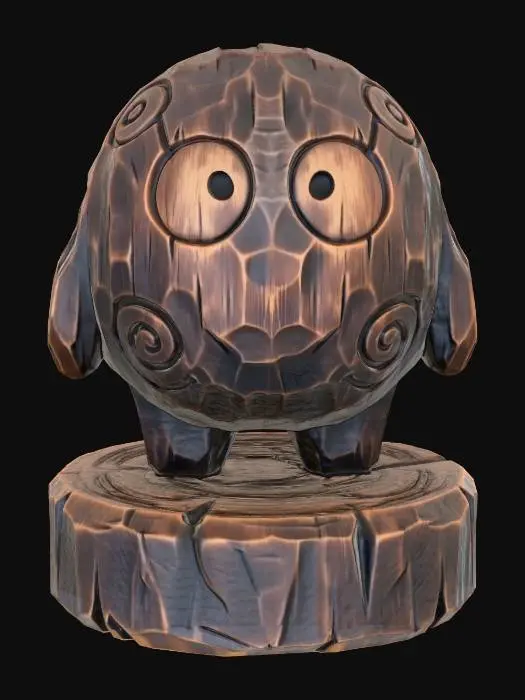 3D model for A 3D image of a simple wooden carved soot sprite shape, chunky, roughly carved, standing on a round base.  Thick and bold details.  Deeply etched and embossed details. Solid colored background.