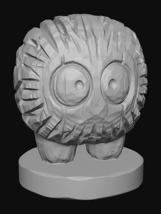 3D model for A 3D image of a simple wooden carved soot sprite shape, chunky, roughly carved, standing on a round base.  Thick and bold details.  Deeply etched and embossed details. Solid colored background.