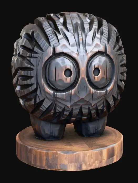 3D model for A 3D image of a simple wooden carved soot sprite shape, chunky, roughly carved, standing on a round base.  Thick and bold details.  Deeply etched and embossed details. Solid colored background.
