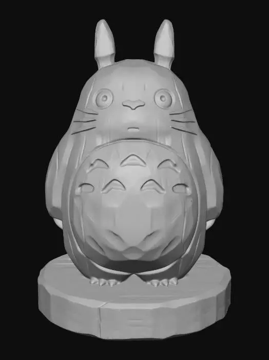 3D model for A 3D image of a simple wooden carved totoro shape, chunky, roughly carved, standing on a round base.  Thick and bold details.  Deeply etched and embossed details. Solid colored background.