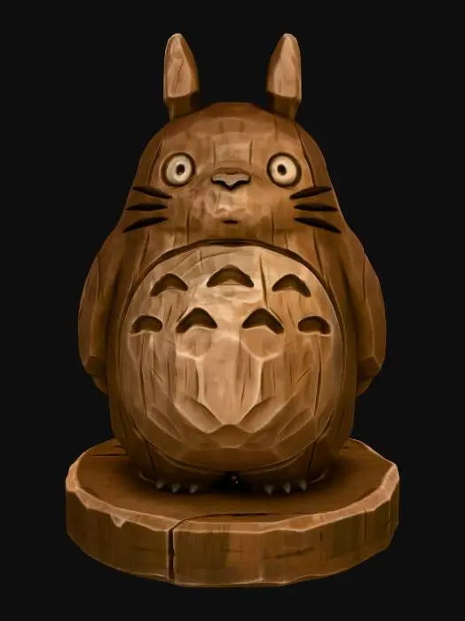 3D model for A 3D image of a simple wooden carved totoro shape, chunky, roughly carved, standing on a round base.  Thick and bold details.  Deeply etched and embossed details. Solid colored background.