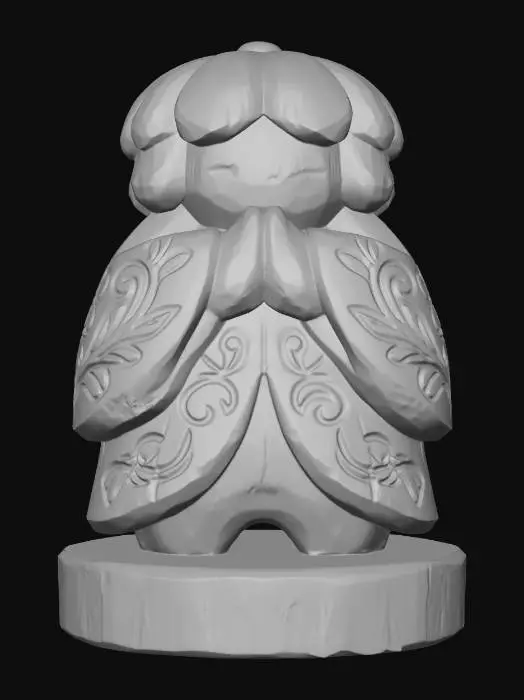 3D model for A 3D image of a simple wooden carved Japanese flower spirit shape, chunky, roughly carved, standing on a round base.  Thick and bold details.  Deeply etched and embossed details. Solid colored background.