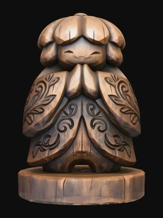 3D model for A 3D image of a simple wooden carved Japanese flower spirit shape, chunky, roughly carved, standing on a round base.  Thick and bold details.  Deeply etched and embossed details. Solid colored background.