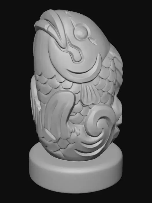 3D model for A 3D image of a simple wooden carved Japanese fish spirit shape, chunky, roughly carved, standing on a round base.  Thick and bold details.  Deeply etched and embossed details. Solid colored background.
