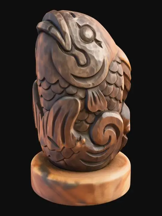 3D model for A 3D image of a simple wooden carved Japanese fish spirit shape, chunky, roughly carved, standing on a round base.  Thick and bold details.  Deeply etched and embossed details. Solid colored background.