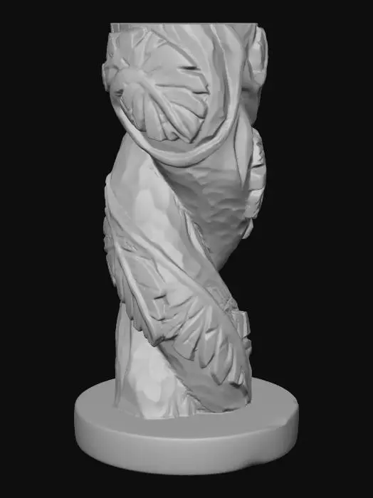 3D model for A 3D image of a simple wooden carved twisting vine shape, chunky, roughly carved, standing on a round base.  Thick and bold details.  Deeply etched and embossed details. Solid colored background.