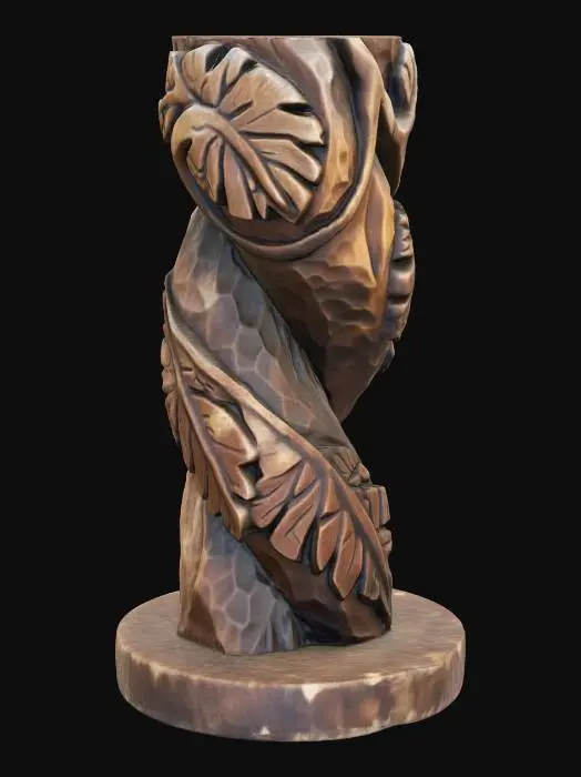 3D model for A 3D image of a simple wooden carved twisting vine shape, chunky, roughly carved, standing on a round base.  Thick and bold details.  Deeply etched and embossed details. Solid colored background.