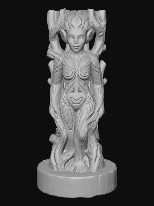 3D model for A 3D image of a simple wooden carved dryad shape, chunky, roughly carved, standing on a round base.  Thick and bold details.  Deeply etched and embossed details. Solid colored background.