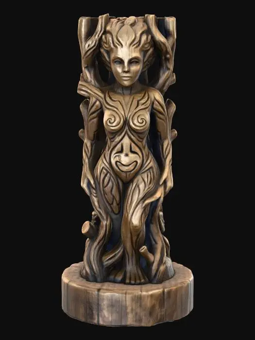 3D model for A 3D image of a simple wooden carved dryad shape, chunky, roughly carved, standing on a round base.  Thick and bold details.  Deeply etched and embossed details. Solid colored background.