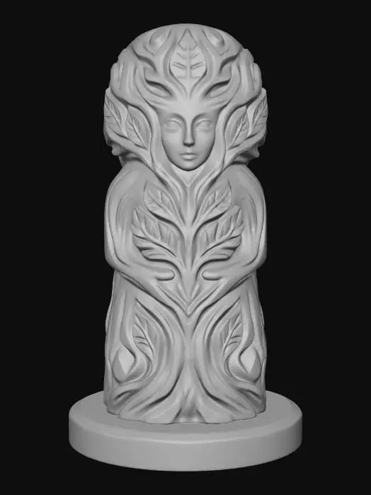 3D model for A 3D image of a simple wooden carved dryad shape, chunky, roughly carved, standing on a round base.  Thick and bold details.  Deeply etched and embossed details. Solid colored background.