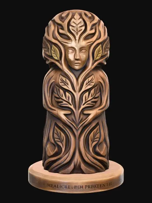 3D model for A 3D image of a simple wooden carved dryad shape, chunky, roughly carved, standing on a round base.  Thick and bold details.  Deeply etched and embossed details. Solid colored background.