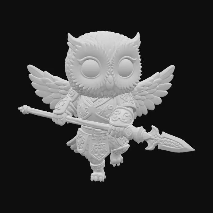 3D model for a 3D image of a cute chibi-style female Dungeons & Dragons owl adventurer in an action pose holding a soear.  Thick and bold etched and embossed details.  Highly stylized. 