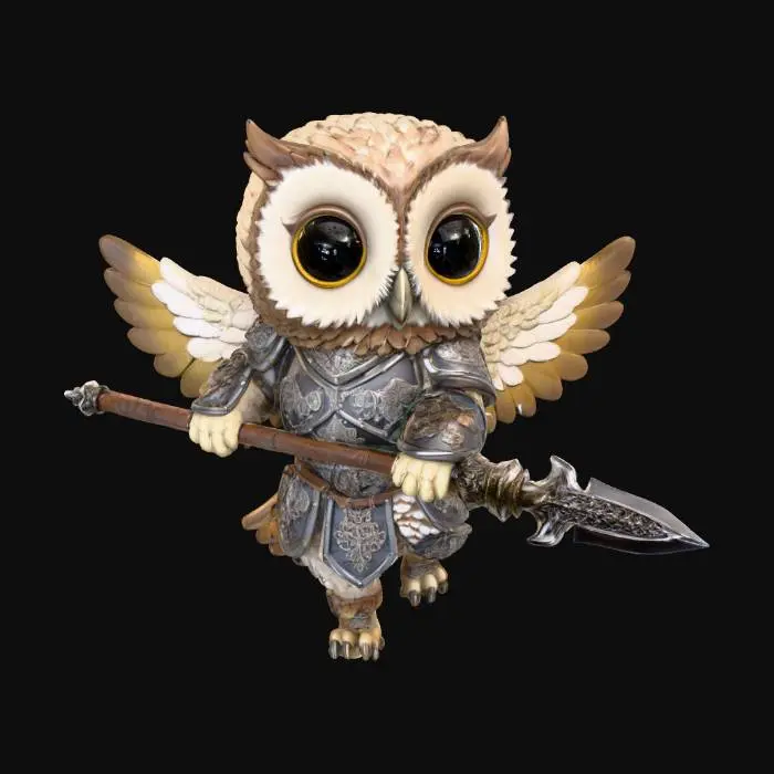 3D model for a 3D image of a cute chibi-style female Dungeons & Dragons owl adventurer in an action pose holding a soear.  Thick and bold etched and embossed details.  Highly stylized. 