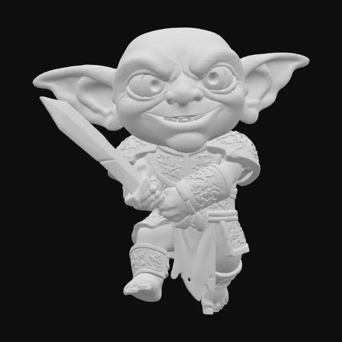 3D model for A 3D image of a chibi-style Dungeons & Dragons goblin in an attack pose holding a sword.  Thick and bold etched and embossed details.  Highly stylized. 